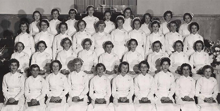 A black and white photo of Spartanburg General Hospital's School of Nursing class of 1956